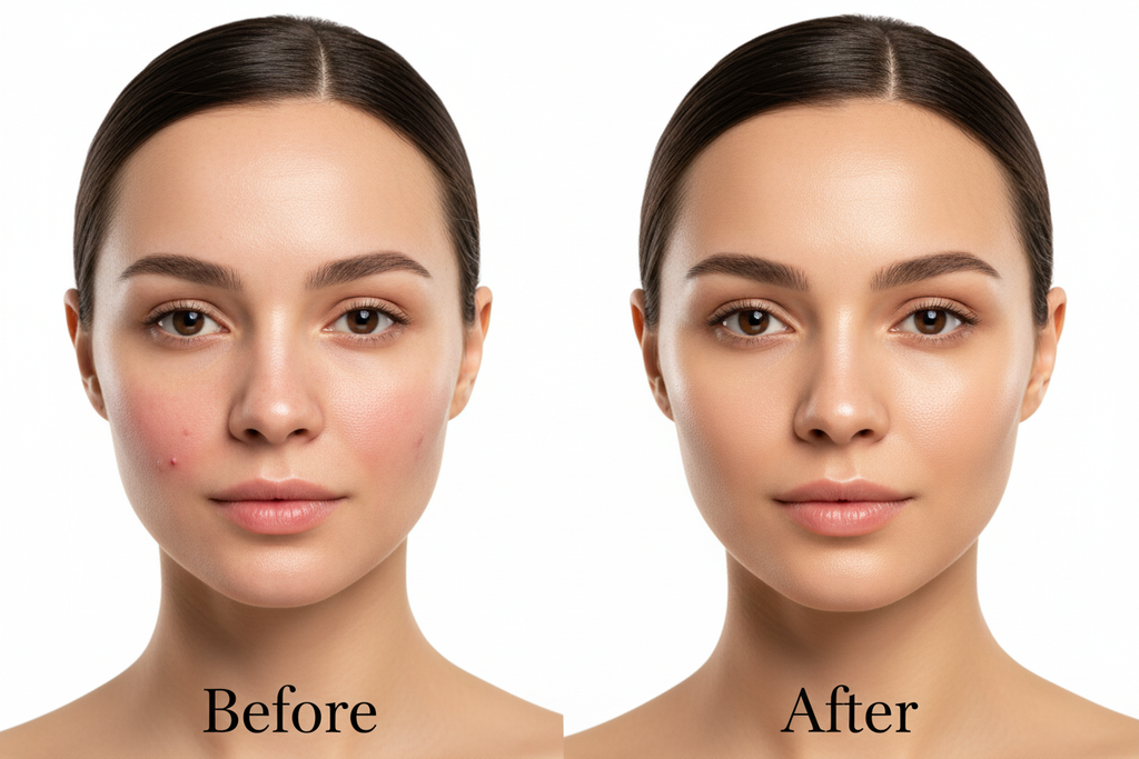 Before and after results using the VELON 7-Color LED Face & Neck Mask